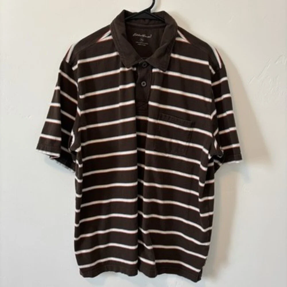 Eddie Bauer Men's XL Striped Short Sleeve Collared Cotton Polo Shirt, Brown